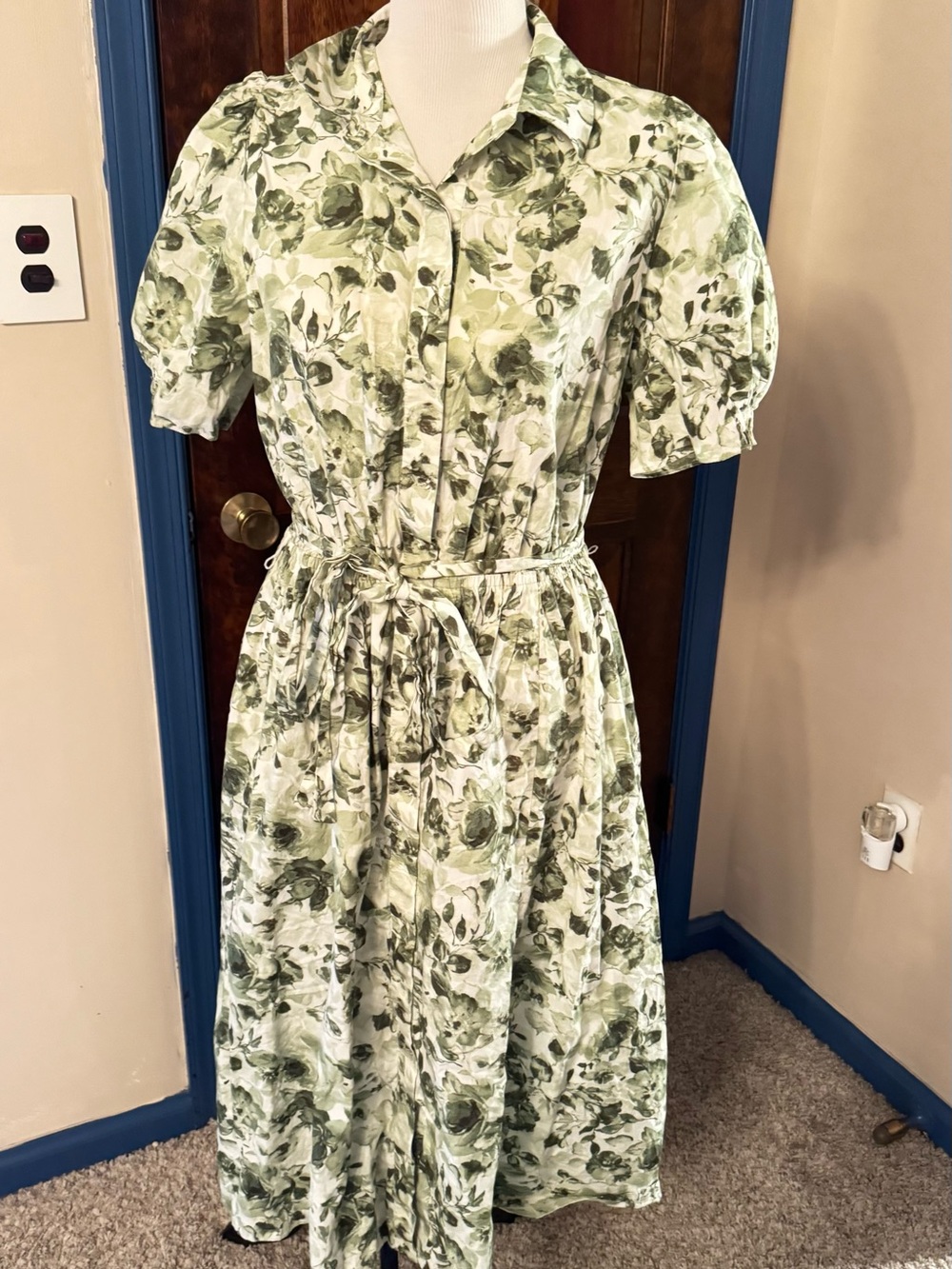 Anne Klein Green Floral Tie-Waist Midi Dress